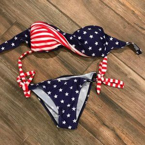 AMERICAN FLAG STARS & STRIPES BANDEAU TOP BIKINI WITH SIDE TIE BOTTOM SIZE M